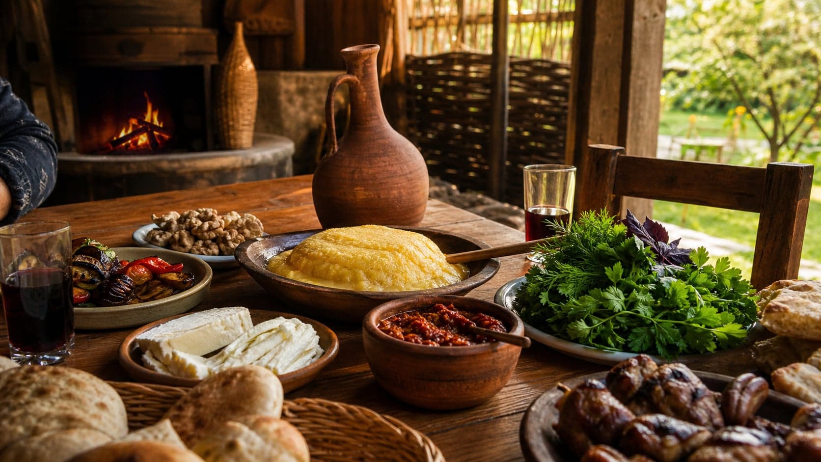 Вкусная Абхазия: апацха, мамалыга, сыр, аджика, зелень и домашнее вино у очага.