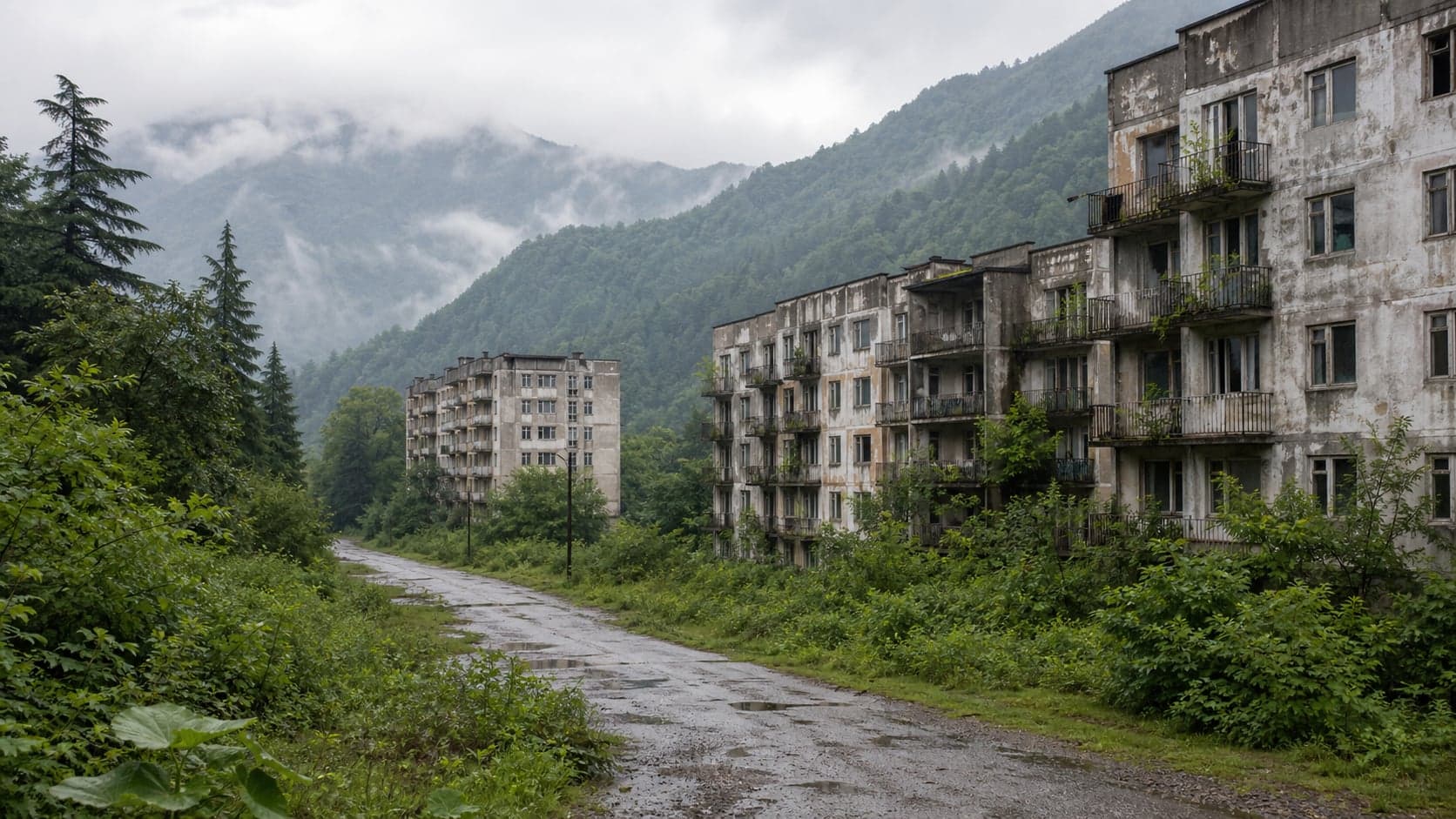 Акармара: пустая дорога, заросшие советские дома и влажная горная долина.